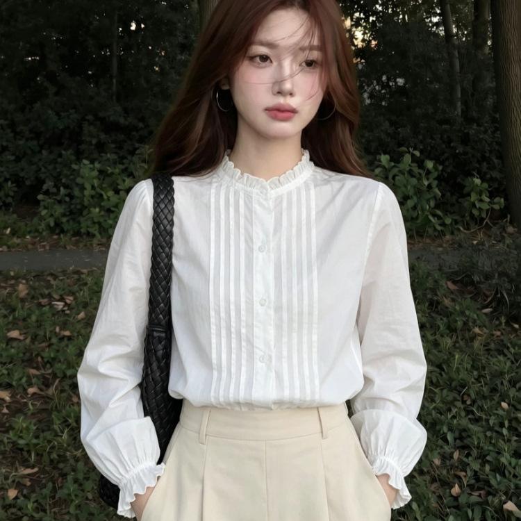 Summer new French sweet style fungus edge long-sleeved shirt women's design sense slim and thin temperament top