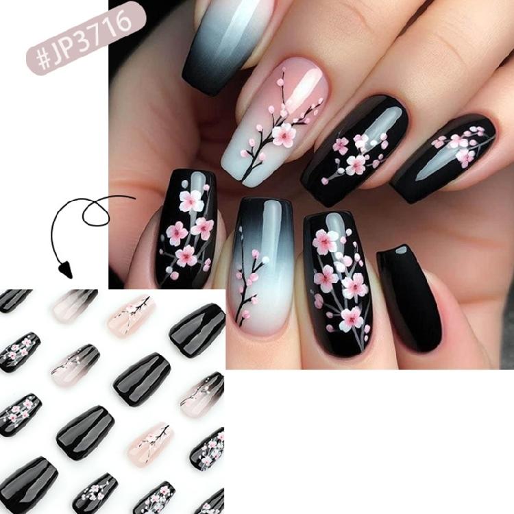 24pcs Fall Flower Press on Nail Coffin Designs Artificial Nail Floral False Nail  Elegant Full Cover Acrylic Nail