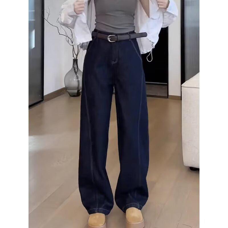 

Женские джинсы с высокой посадкой, темно-синие, на флисовой подкладке, с широкими штанинами - Зима 2024, Универсальные, стройнящие брюки в пол 3XL темно-синий