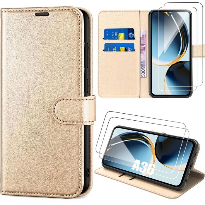 Coque de protection - BOOLING - pour Samsung Galaxy A36 5G/A56 5G - Effet Cuir Doré - 2 Verres Trempés - Antichoc