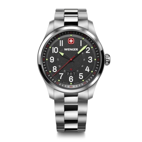 

WENGER TERRAGRAPH Men s Watch, Stainless Steel Case (316L), Black Dial, Stainless Steel Bracelet, Quartz Movement, 100m Water Resistance, Analog, 01.0