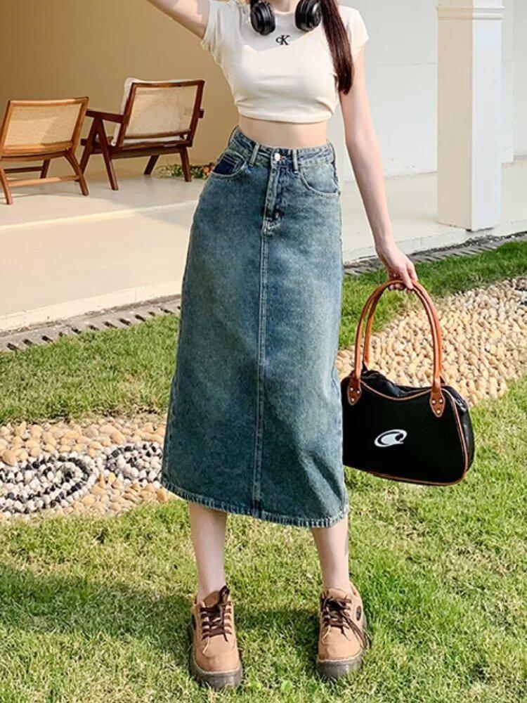 

Women s High Waist Color Block Denim Midi Skirt - A-Line Bodycon for Spring & Autumn 2024 Large синий