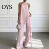 Comfortable Women Outfit Women's Chiffon 2 Piece Sets, Asymmetrical Halter Sleeveless Tops with Plus Size Casual Suit Wide Leg Pants Summer