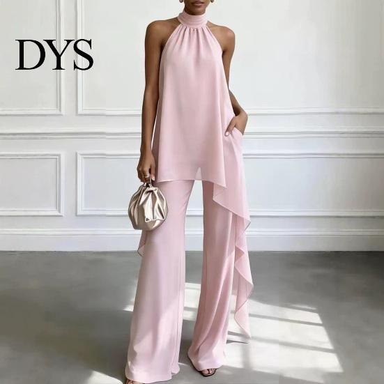 Comfortable Women Outfit Women's Chiffon 2 Piece Sets, Asymmetrical Halter Sleeveless Tops with Plus Size Casual Suit Wide Leg Pants Summer
