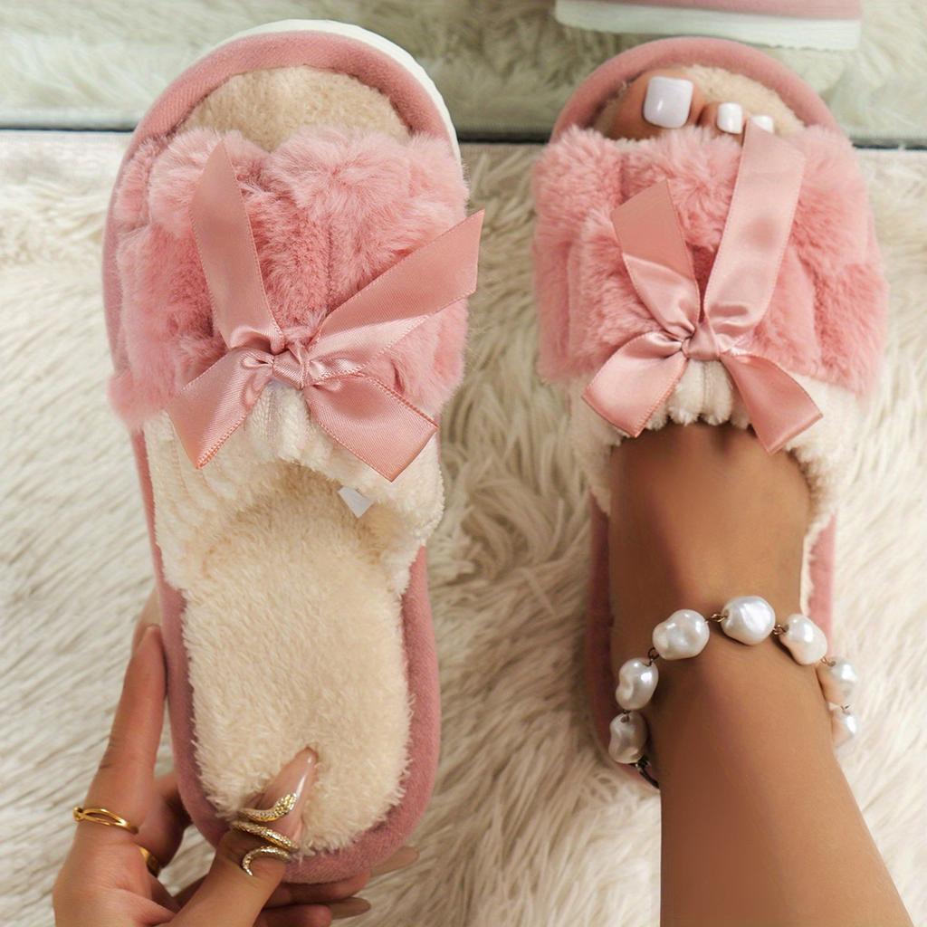 Pantofole da casa eleganti e soffici con fiocco, scarpe da camera da letto con suola morbida e foderate in peluche, pantofole mute antiscivolo