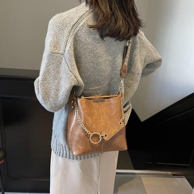 Korean Version Retro Fashion Simple Oil Wax Leather Portable Bucket Bag Trendy Versatile Niche Design Single Shoulder Messenger Women's Bag