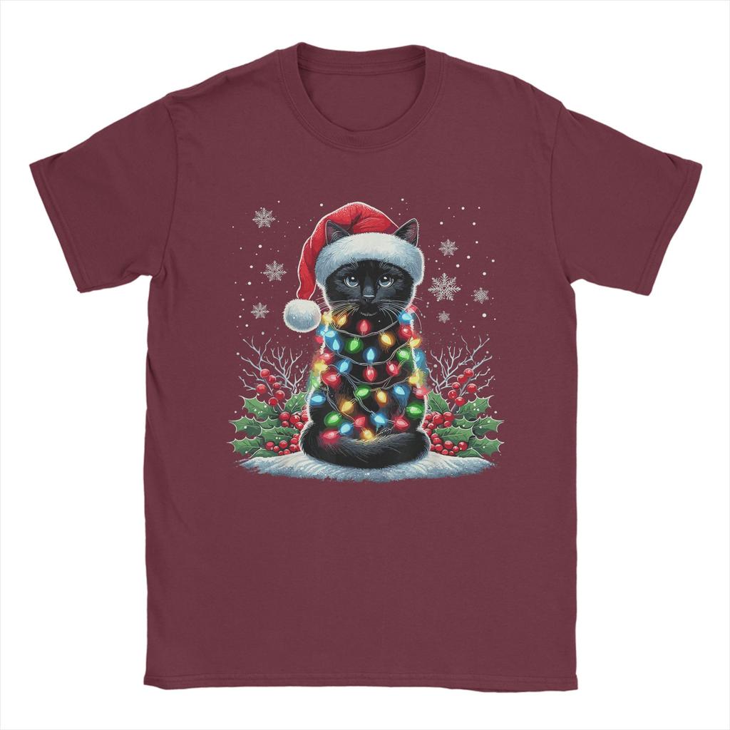 Black Cat Christmas Santa Hat Funny Meowy Cat T-Shirt Man Streetwear T-Shirts O Neck Tee Shirt Hot Sale Oversized Clothing