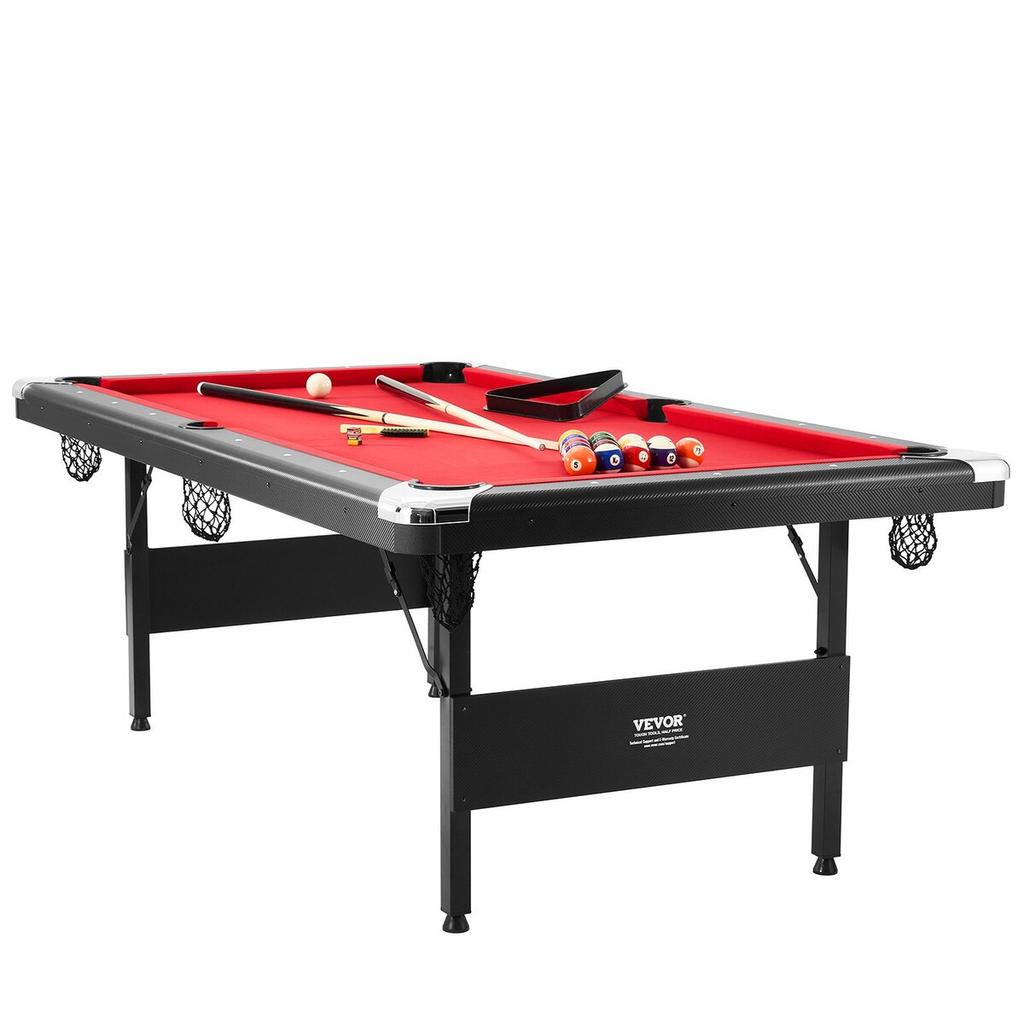 Billiards Table, 7 ft Pool Table, Portable Foldable Space-Saving Table, Billiard Table Set Includes Balls, Cues, Chalks and Brush, Black with Red