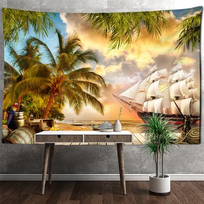 Sunset Coconut Tree Sailboat Tapestry Wall Hanging Boho Aesthetic Room Art Simple Dorm Living Room Decor