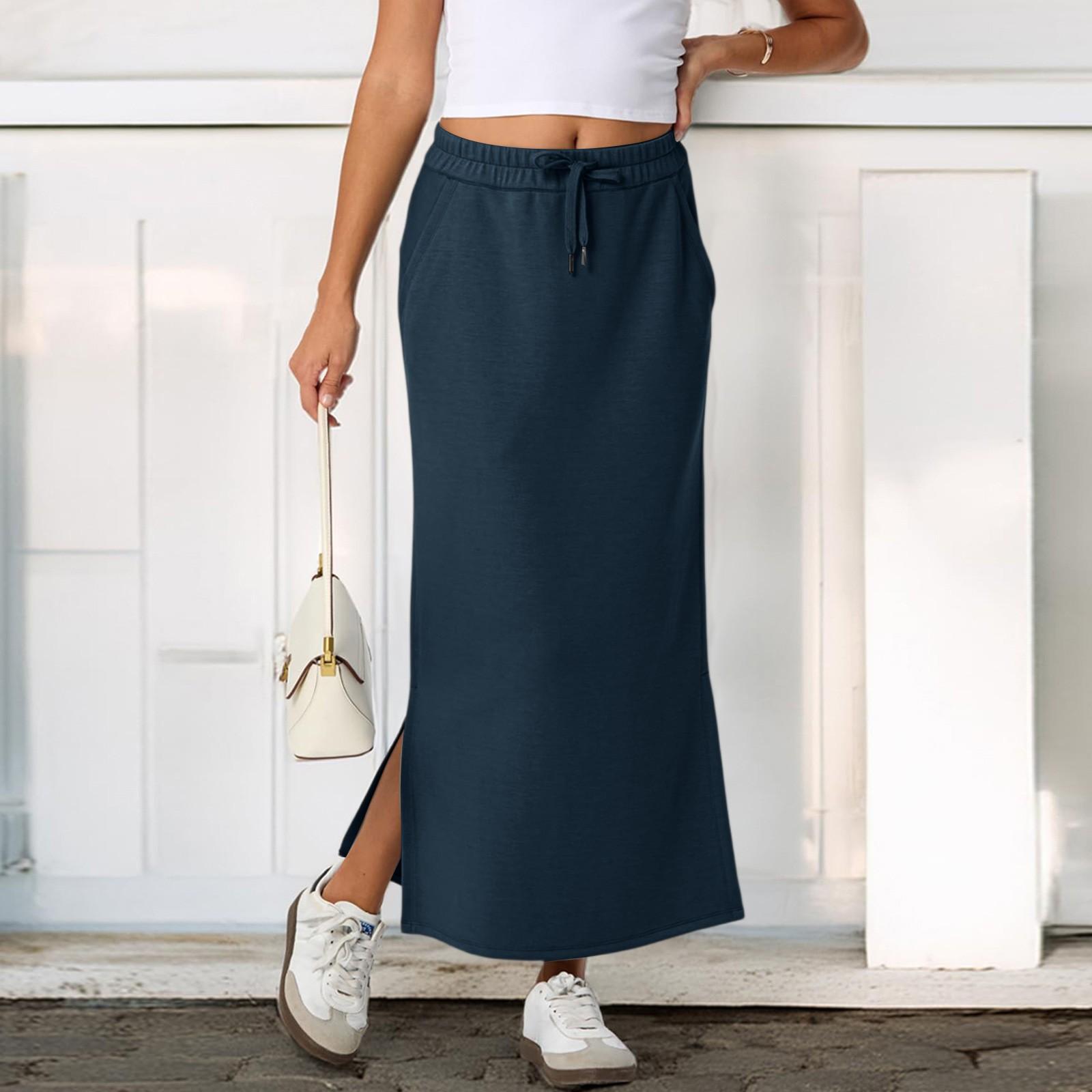

Womens Casual Maxi Skirts High Waist Trendy Drawstring Side Slit Skirts With Pockets S тёмно-синий