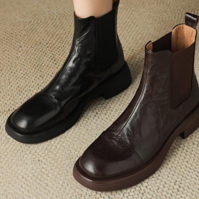 British Style Retro Sheepskin Short Boots Women's Autumn and Winter New Versatile Soft Leather Thick Middle Heel Chelsea Boots Martin Boots Black