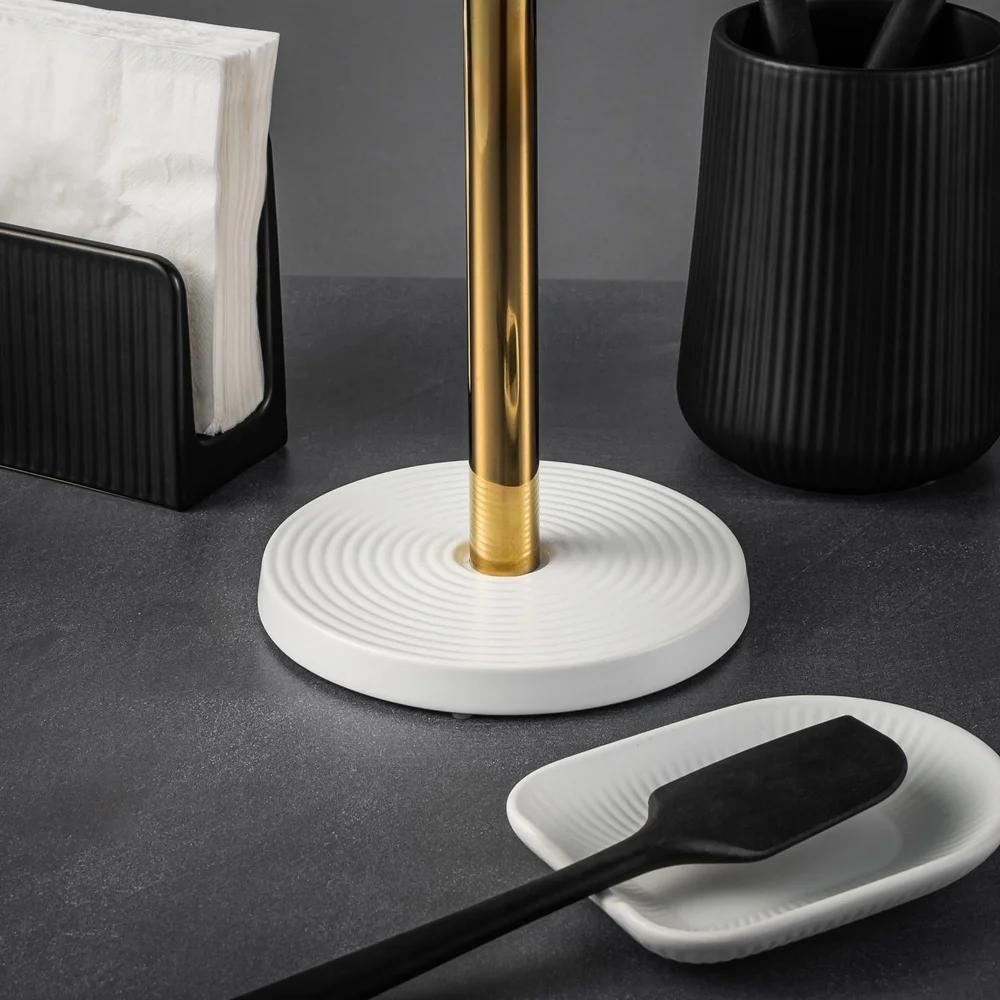 Elegant Paper Towel Holder Ribbed Ceramic Base Gold Center Post Kitchen Organizer Durable Design Stylish Countertop Accessory