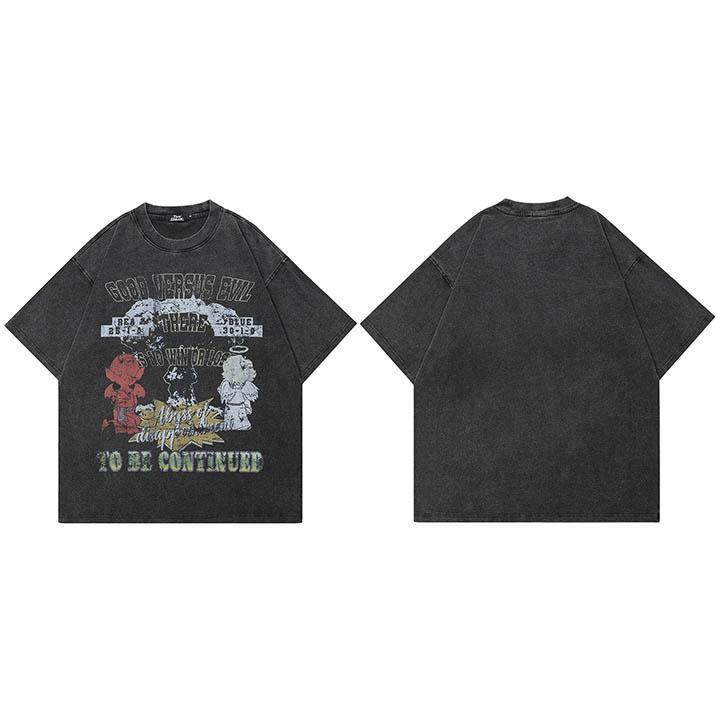 Hip Hop Faded Black TShirt Streetwear Vintage Graphic T Shirt Retro Angel Devil Printed Men Tshirt Cotton Tops Tees
