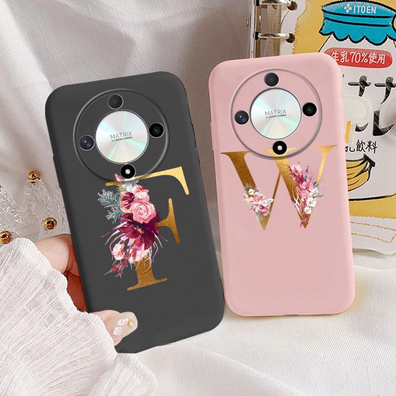 Buchstaben-Handyhülle für Honor X9b X9a Magic5 Lite Magic6 Lite 5G Hülle Retro-Blumen Rosa Schwarz Weiches TPU Initialen Silikon Fundas