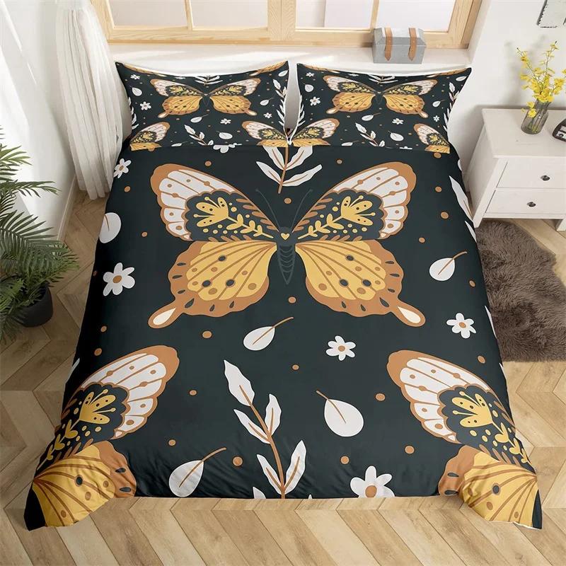 Death Moth Duvet Cover Set Queen Size Gothic Skull Boho Comforter Cover Black And White Skeleton Decorative Soft Bedding Set
