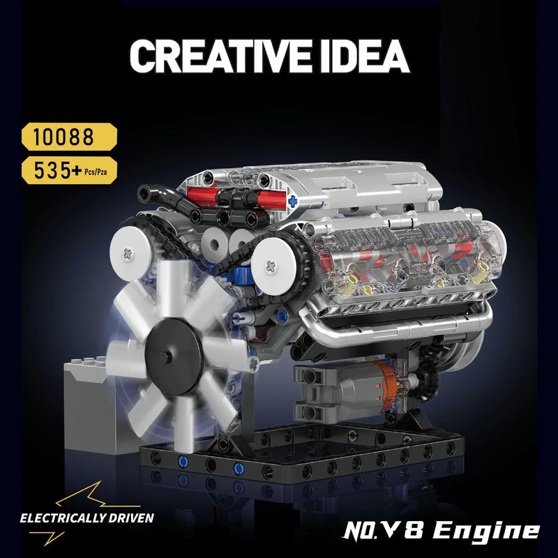 Mould King 535pcs 10088 V8 Engine MOC Simulation Scale Model Battery Box L Motor Electrically Drive Building Blocks Toy Gift