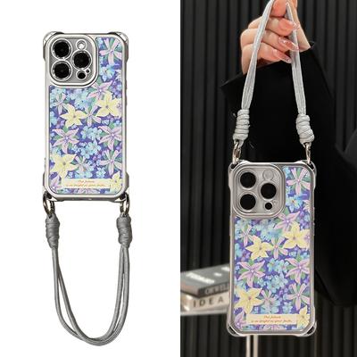 Suitable for iPhone 16Pro Mobile Phone Case Niche Advanced Full Screen Purple Flower Messenger Lanyard Apple 15 Protective Case