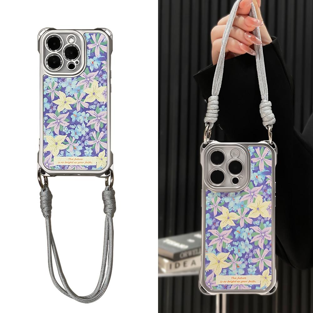 Suitable for iPhone 16Pro Mobile Phone Case Niche Advanced Full Screen Purple Flower Messenger Lanyard Apple 15 Protective Case