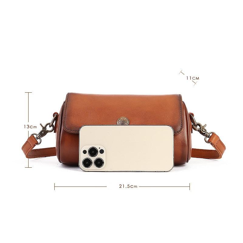 Johnature Vintage Hakiki Deri Yaz Yastık Çanta El Yapımı Çok Yönlü Düz Renk Kadın Omuz ve Crossbody Çanta