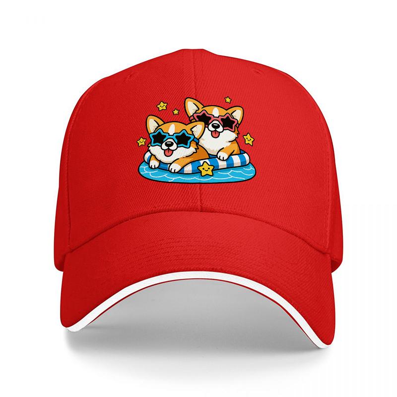 

Corgi Dog Summer Pool Float Baseball Cap Cool Cartoon Pets Sunglasses Design Black Adjustable Hat for Adults Adjustable