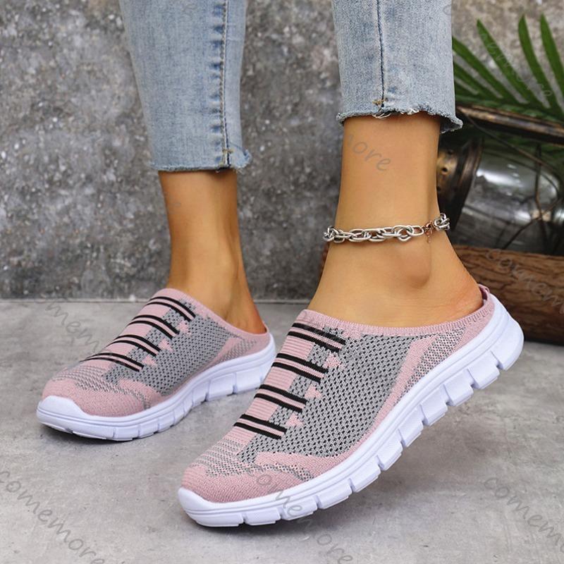 Fashion Comemore Lightweight Round Toe Slippers for Women Mules Flats Soft House Slippers Female Slides Flat Black Casual Mesh Shoes
