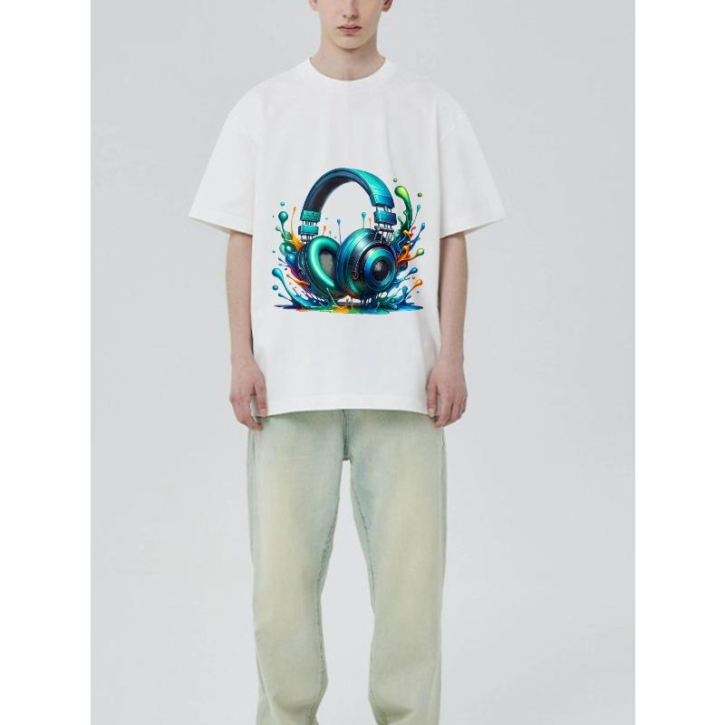 Black T Shirt with Colorful Headphones Splash Design for Music Lovers and Casual Wear