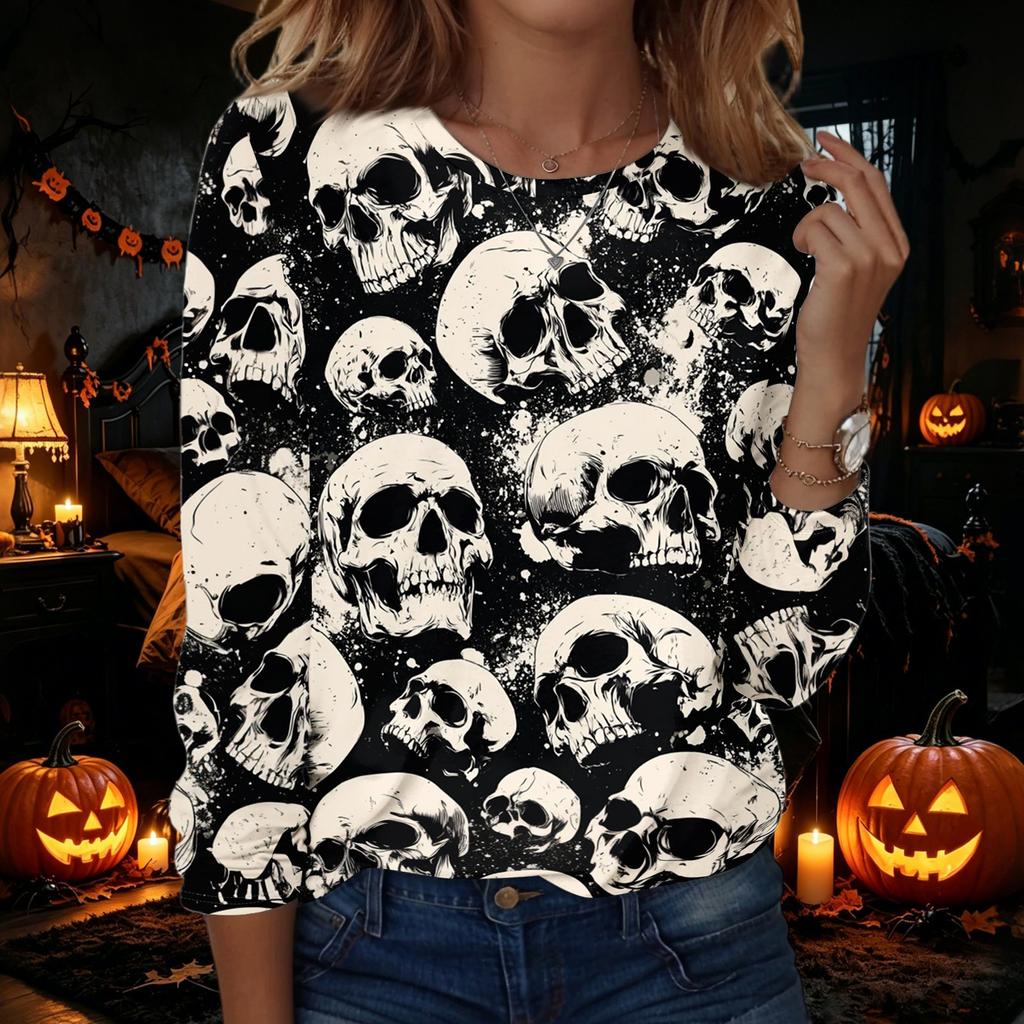 Women's Halloween Printed Long Sleeve Neck Pullover Top