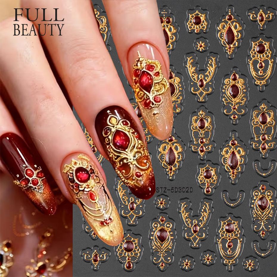 1pc embossed 5D retro light luxury court-style nail sticker with rubies and emeralds, adhesive backing, nail sticker, holiday gift.