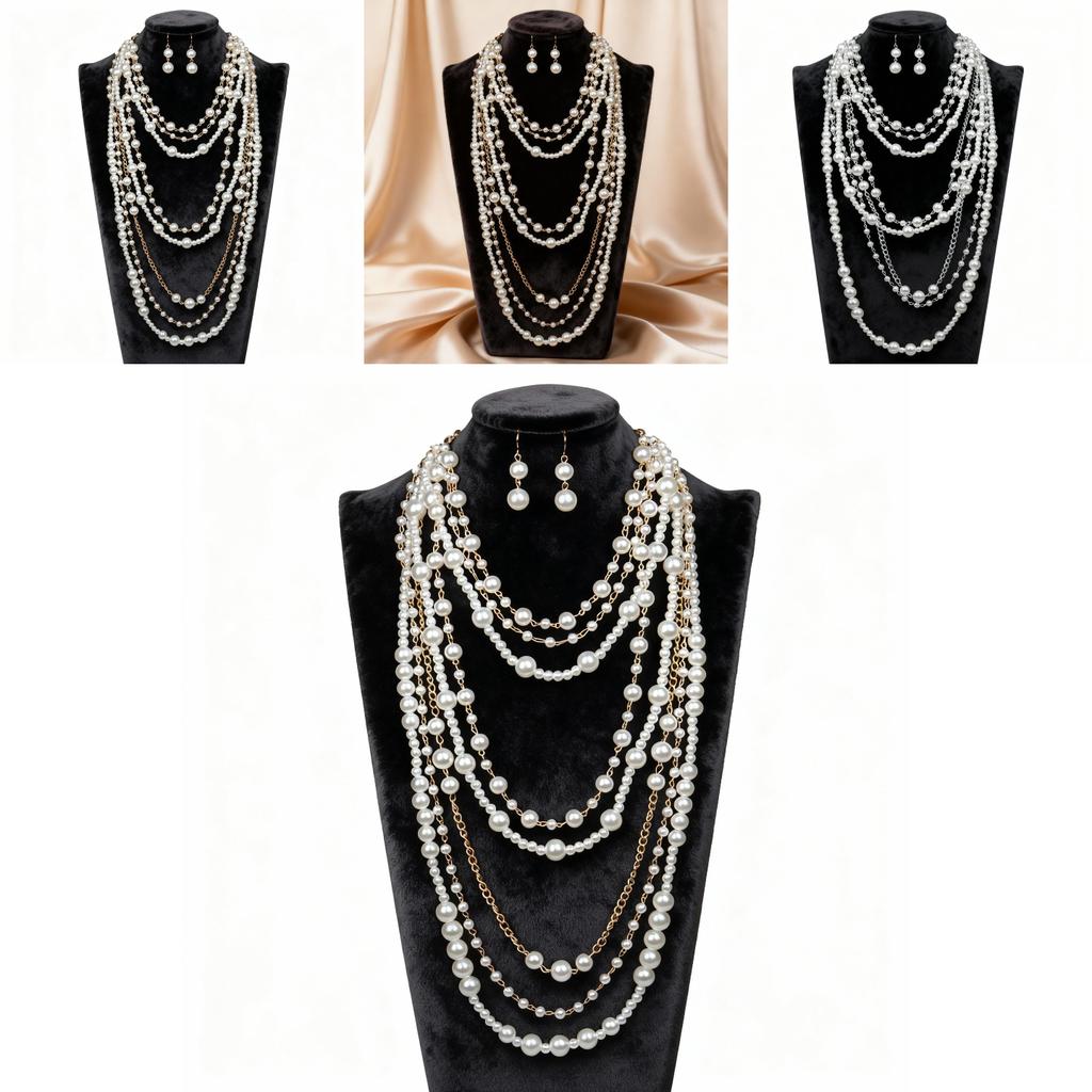 European Style Multilayer Pearl Necklace And Earring Set With Geometric Pendant For Women