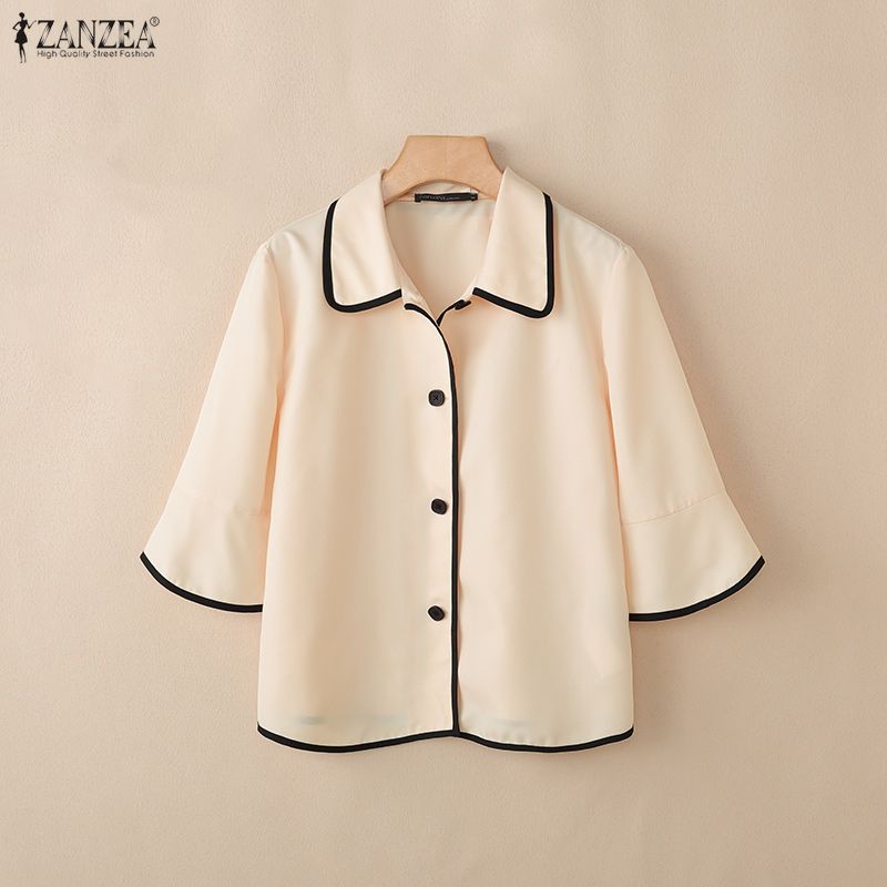 ZANZEA Women Casual Turn Down Collar Loose Half Sleeve Blouse