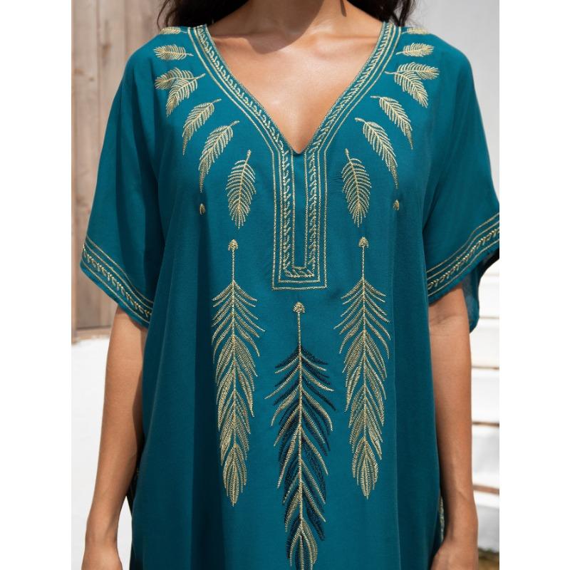 Women's Fashion Summer Spring Feather Print 1/2 Sleeves V-Neck Loose Waistline Casual Dresses