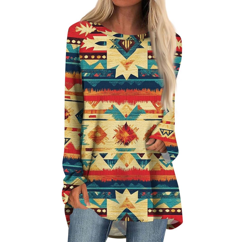 Women's Fashion Casual Long Sleeve  Print Round Neck Pullover Top Blouse