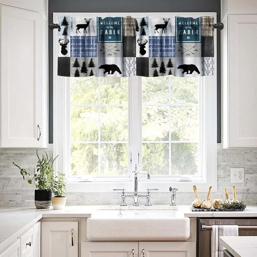 Rustic Cabin Kitchen Valances Curtain,Vintage Country Farmhouse Bear Moose Deer Rod Pocket Small Valance Treatments for Living Room Bedroom