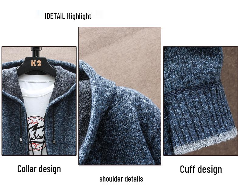 Men's Versatile Zipper Pocket Hooded Thick Knit Jacket for Autumn & Winter