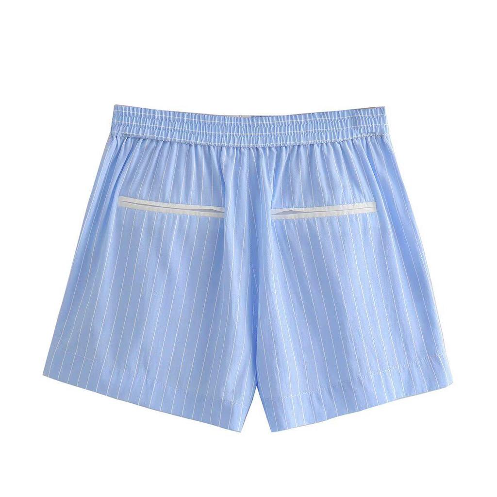 Spring 2025 Women's Striped Color Block Shirt & Shorts Set - European/American Style