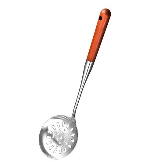 Stainless Steel Ladle Strainer Scoop with Wooden Handle Frying Skimmer Kitchen Spatula Cooking Utensil for Noodles Pasta Vegetable