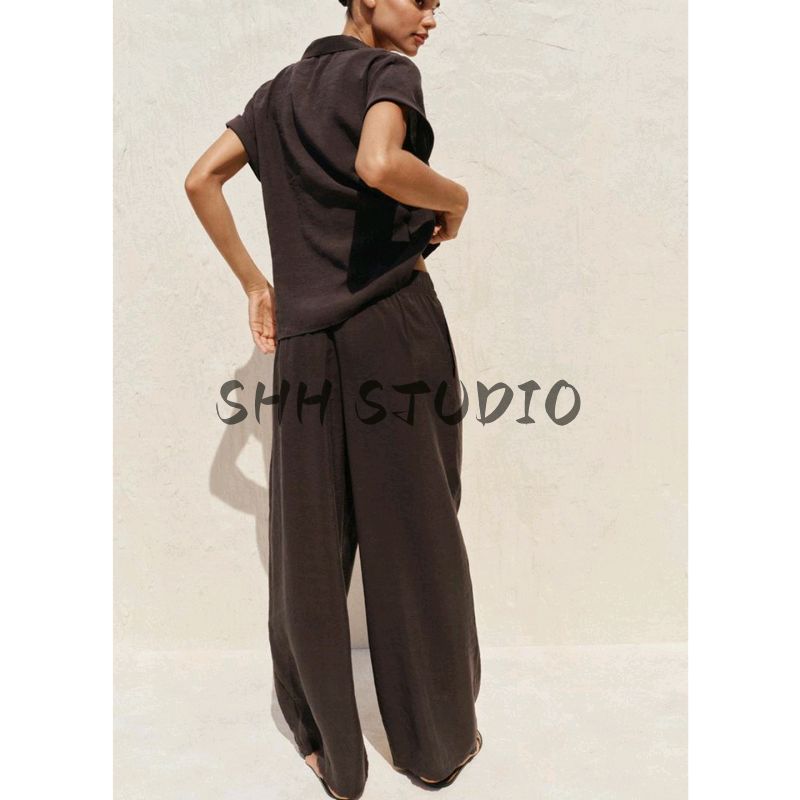 Front Bow Tie Short Sleeve V-neck Casual Shirt 2298161 High Waist Wide Elastic Waist Pants 1165608