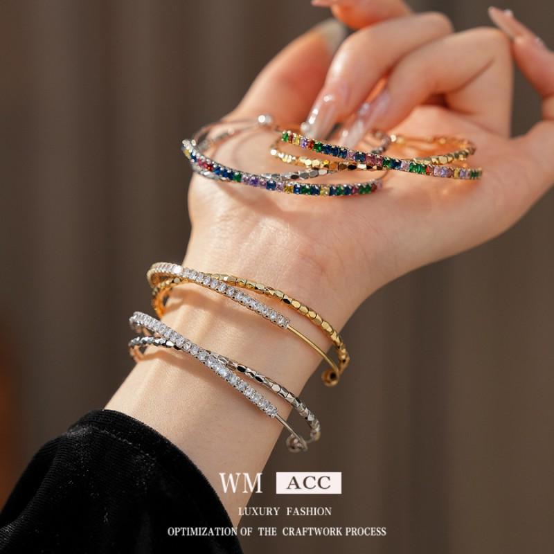 Elegant Gold-Tone Geometric Open Cuff Bracelet With Zirconia Stones Women Luxury Chic Style 2025