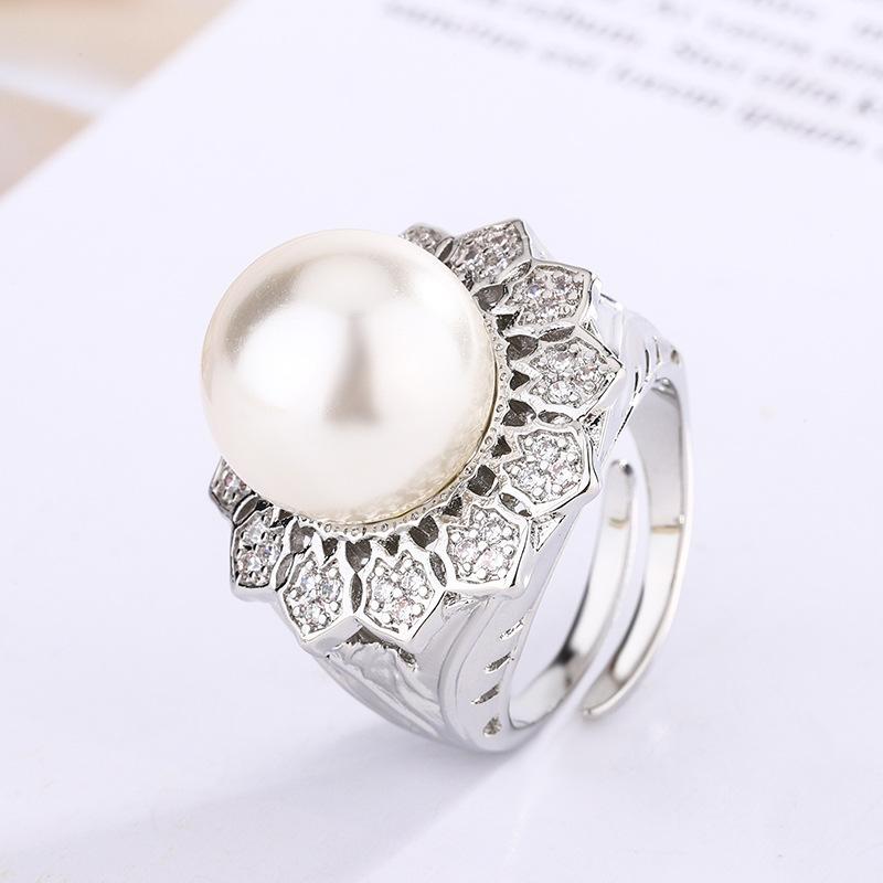 Jewelry Copper Platinum Plated Pearl Ring Women'S 14Mm