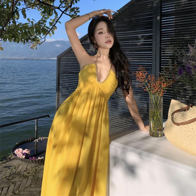 

Yellow Neck Dress Women s Seaside Vacation Dress Banquet Socialite Birthday High-end Temperament Art Test Host Dress L жовтий