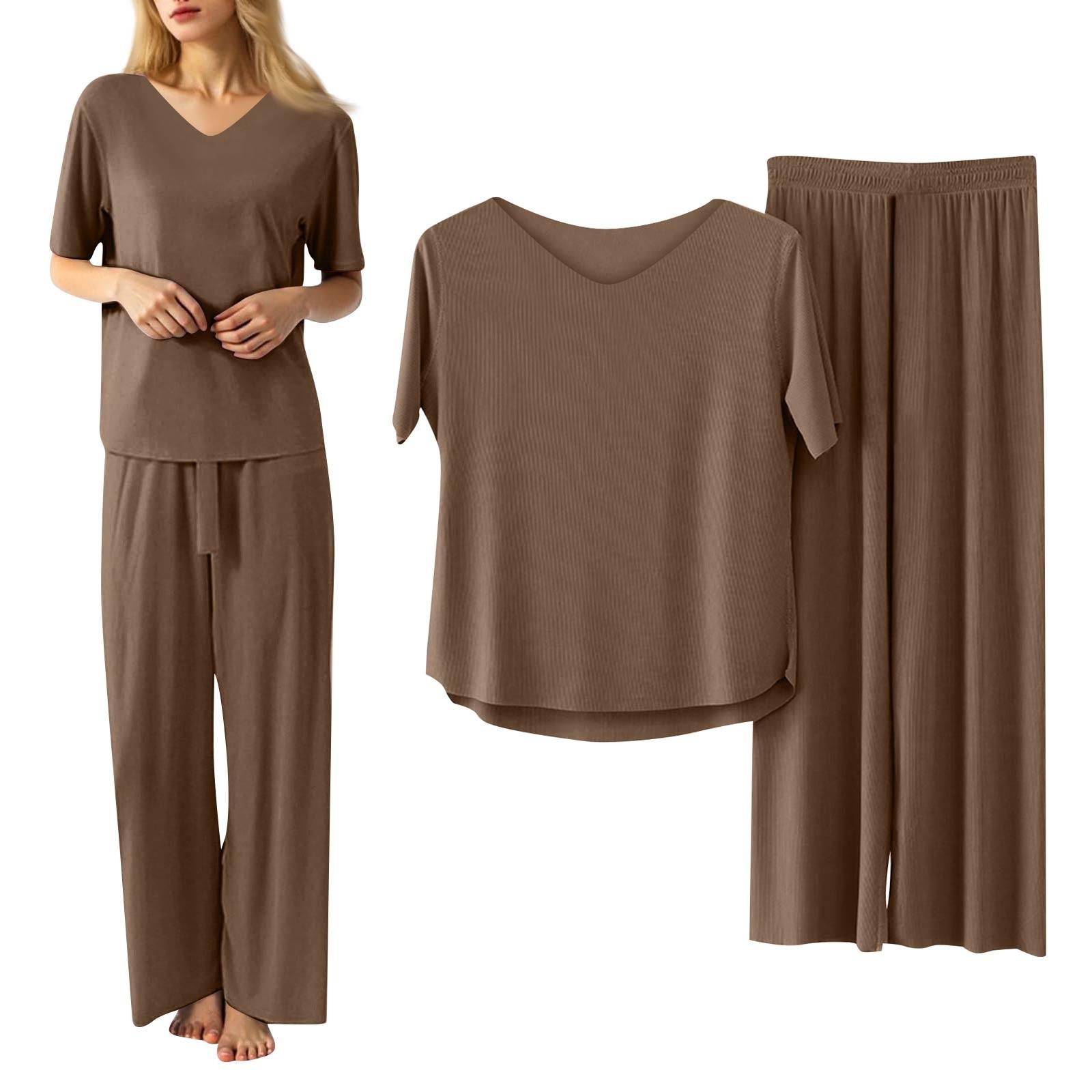 

Женский повседневный пижамный комплект, однотонный топ с V-образным вырезом и короткими рукавами, комплект из двух предметов, брюки Nine Minute XXL хаки