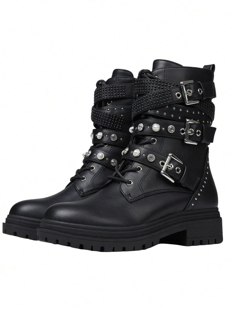Damen Punk Kampfstiefel Herbst Knöchel Schnalle Riemen Nieten Perlen Strasssteine Seitlicher Reißverschluss Plateau Schnürschuhe Herbstschuhe