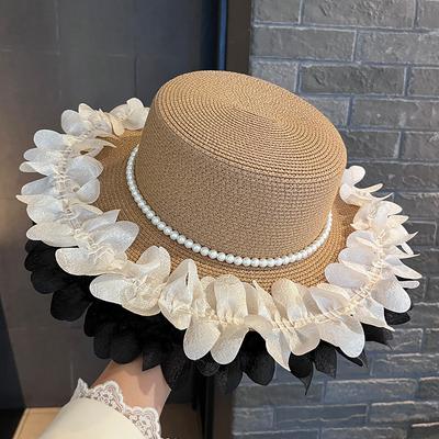 Summer New Pearl Lace Straw Hat Women's Wide Brim Shows a Small Face Outdoor Sunscreen Seaside Beach Cool Hat