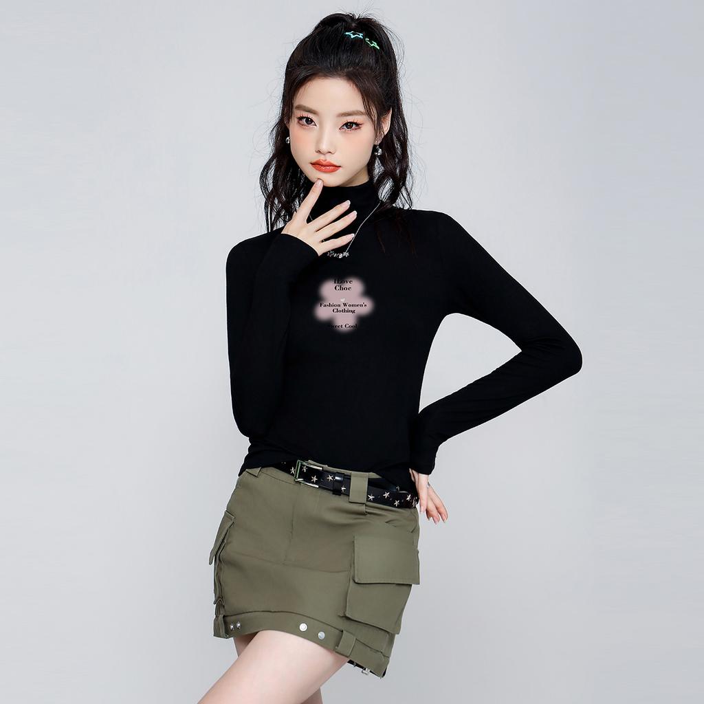 Autumn Solid Color Sweet Printed T-shirt with Gentle Temperament, Paired with Slim Fit Long Sleeved Top