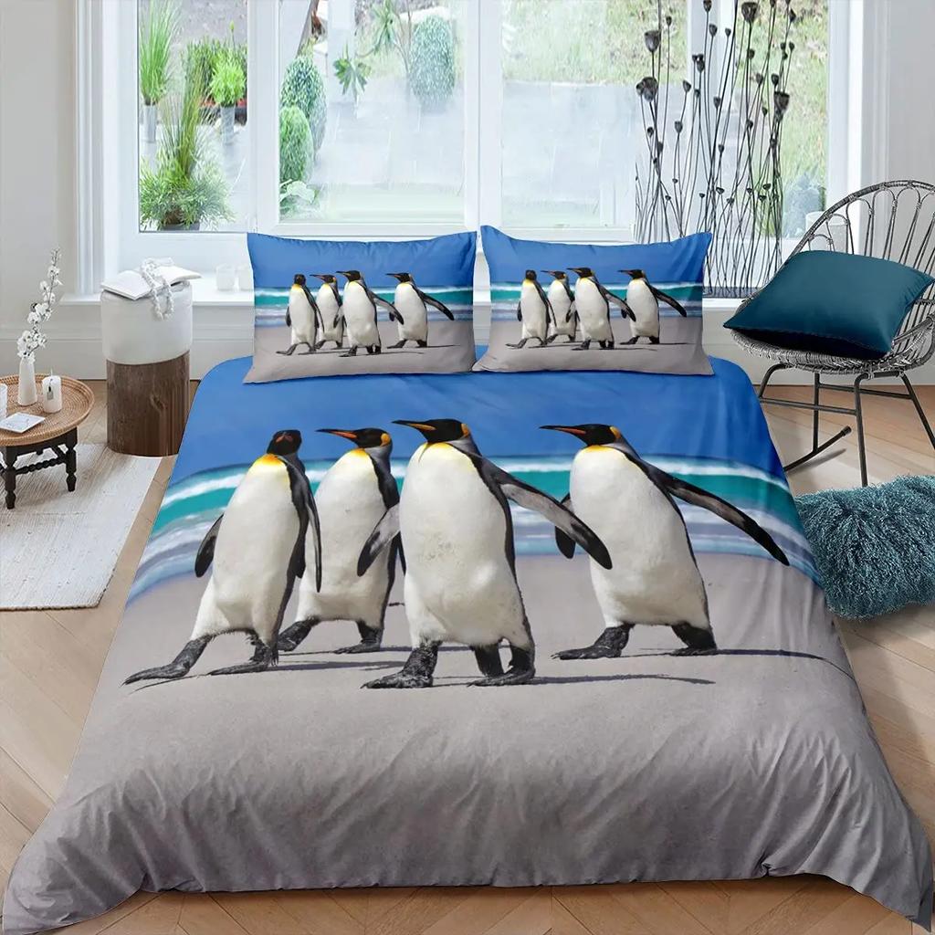 Penguin Duvet Cover Set Antarctic Animals Bedding Set For Kids Boys Girls Cartoon Style King Size Winter Theme Comforter Cover