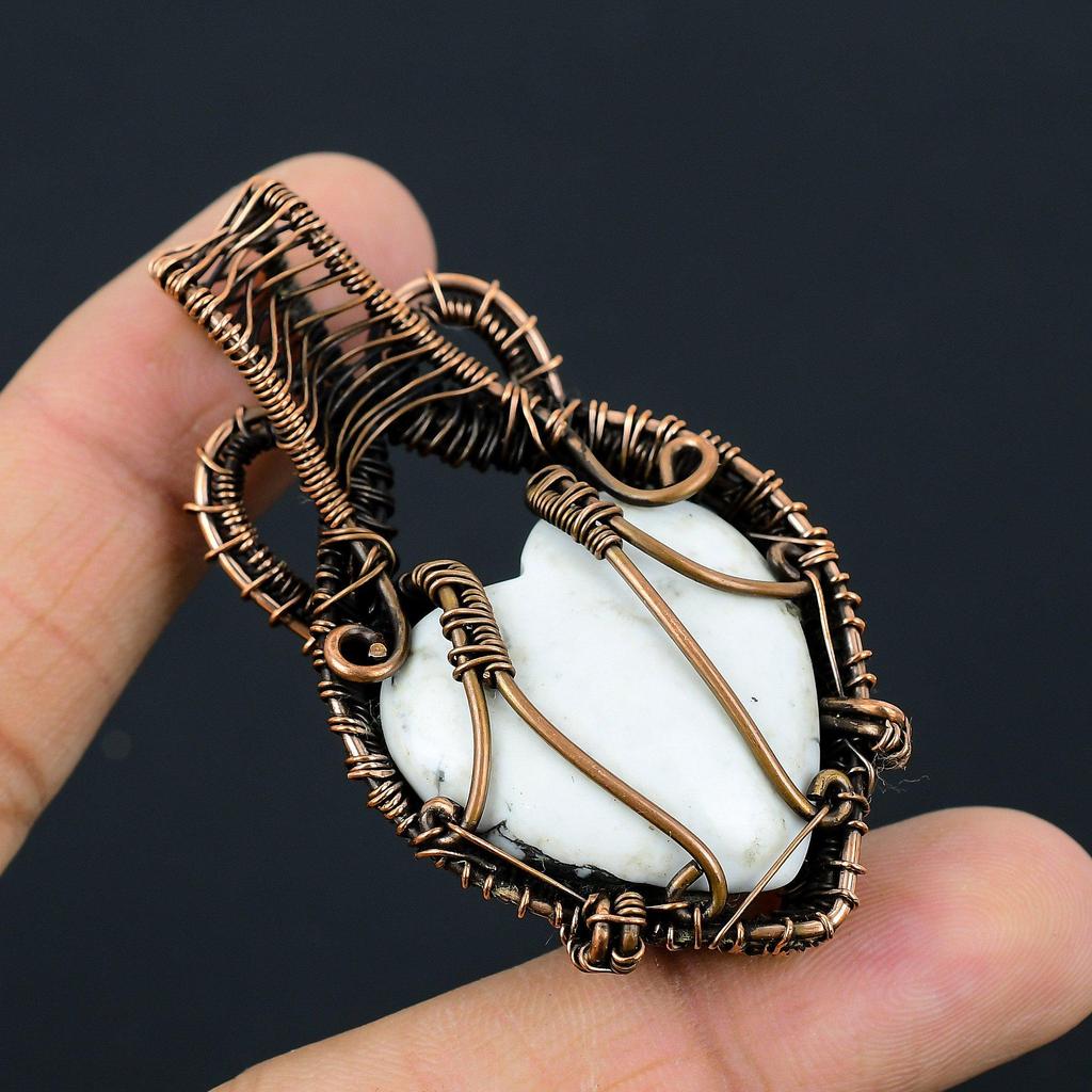 Heart Shaped Howlite Gemstone Copper Wire Wrapped Handmade Jewelry Pendant For Gift