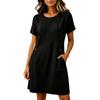 Women Summer Casual Loose Fit Short Sleeve Dress with Round Neck and Button Detail On Sleeves and Waist Pockets