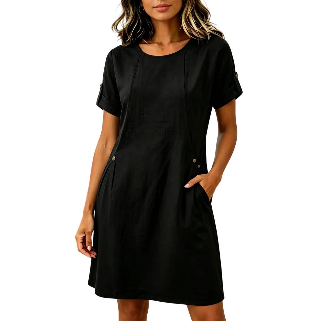 Women Summer Casual Loose Fit Short Sleeve Dress with Round Neck and Button Detail On Sleeves and Waist Pockets