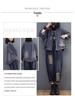 2024 Autumn Women's Dark Vintage Denim Jacket, Long Sleeve, Loose Fit, Short Casual Patchwork Design