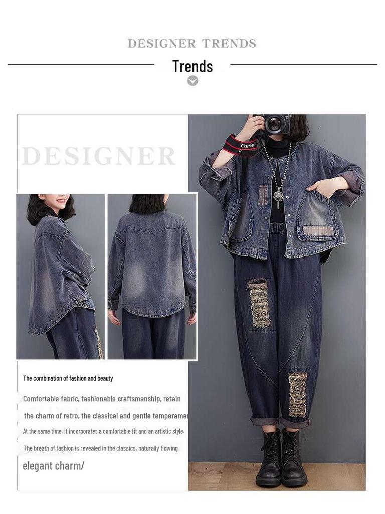 2024 Autumn Women's Dark Vintage Denim Jacket, Long Sleeve, Loose Fit, Short Casual Patchwork Design